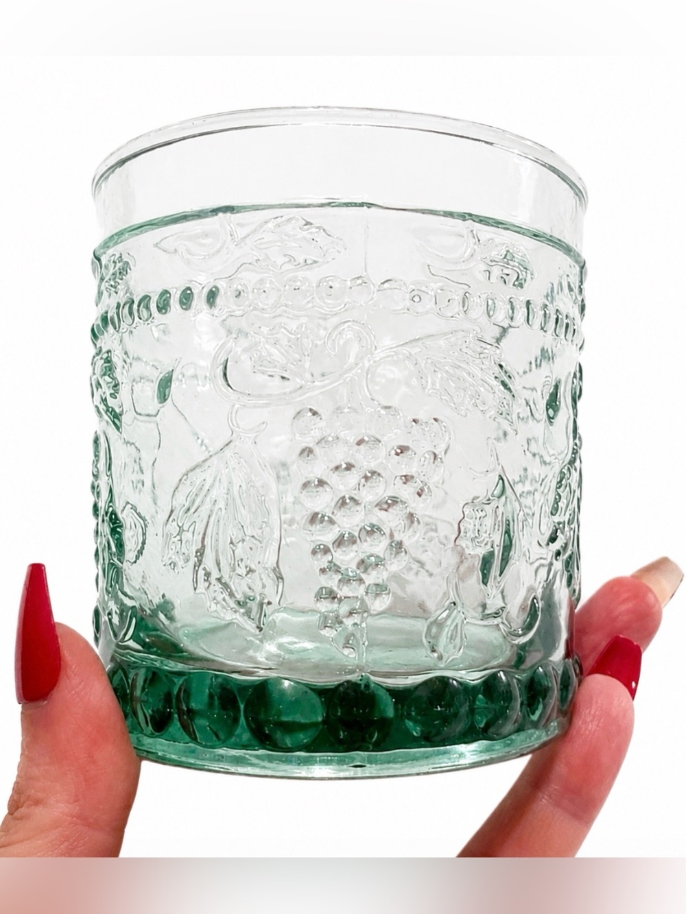 Blue Green Low Ball Cocktail Tumbler Pressed Grape and Leaf Pattern